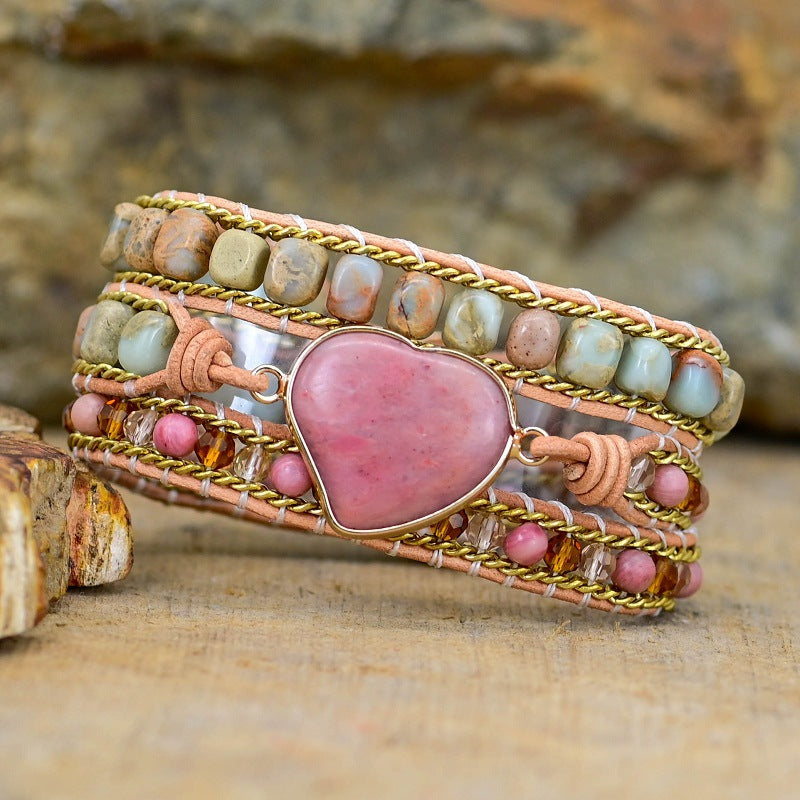 Bracelet quartz rose trois rangs, pendentif coeur