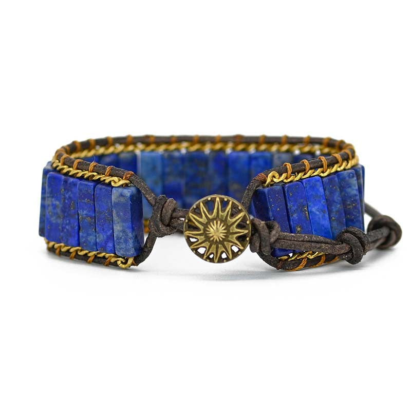 Bracelet lapis lazuli et cuir tressé long