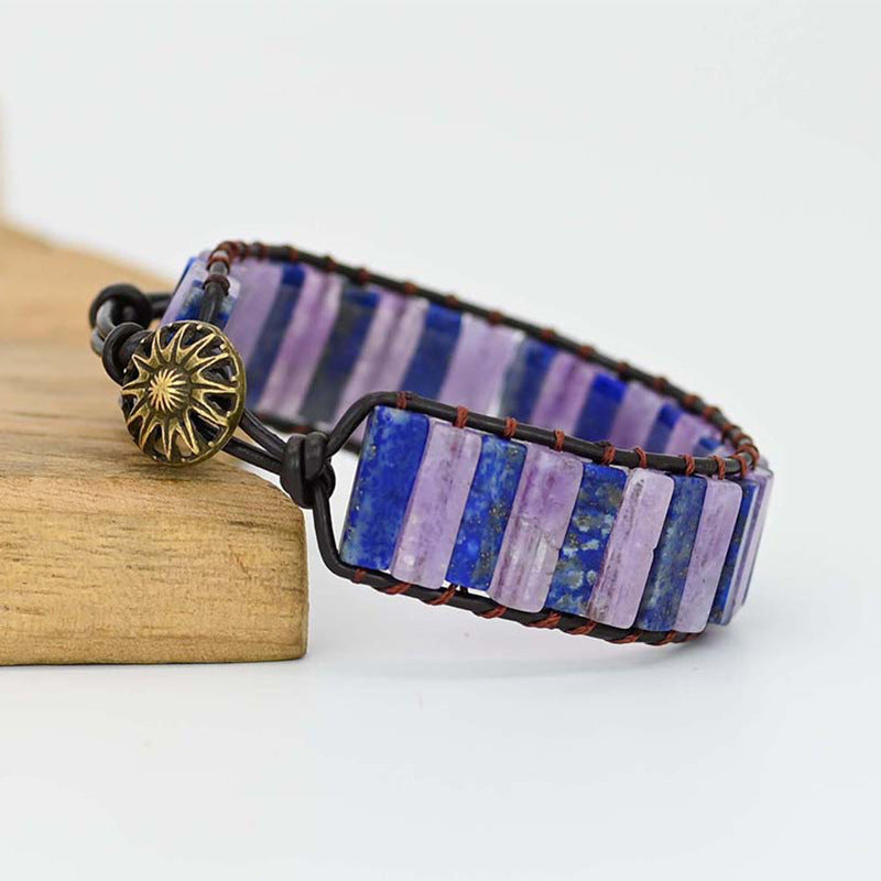 Bracelet améthyste et lapis lazuli en cuir tressé