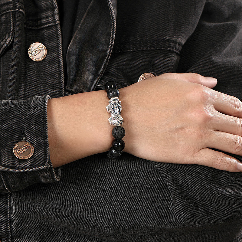 Bracelet obsidienne neige et amulette Pi Xiu
