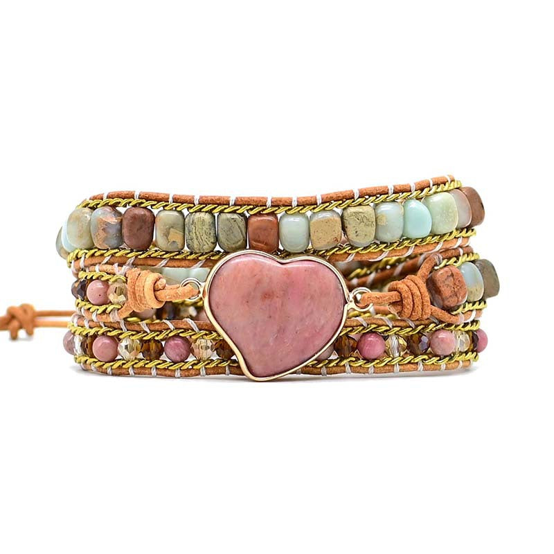 Bracelet quartz rose trois rangs, pendentif coeur