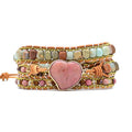 Bracelet quartz rose trois rangs, pendentif coeur