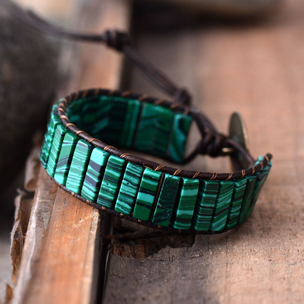 Bracelet porte bonheur multicouche en quartz vert