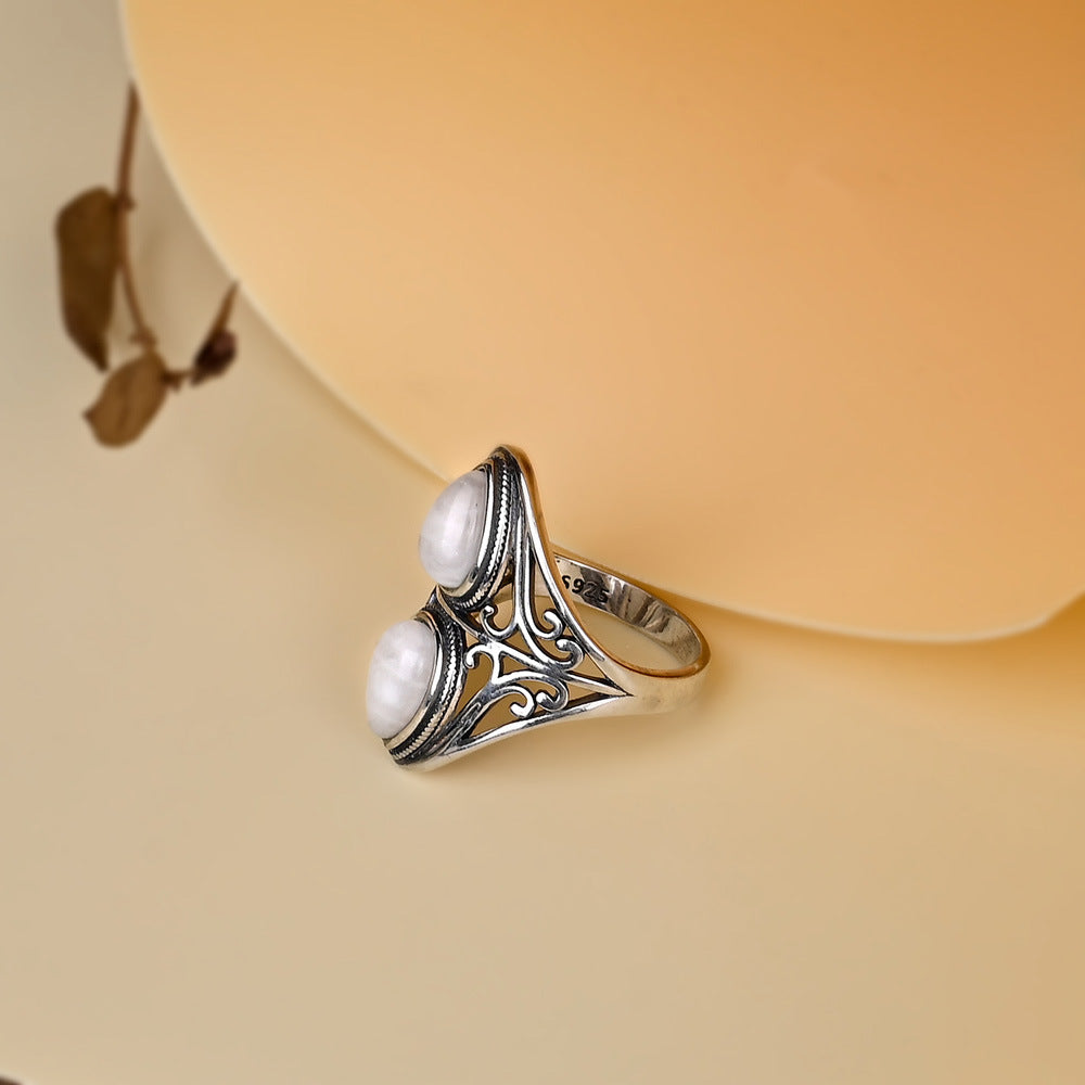 Bague pierre de lune double goutte en argent