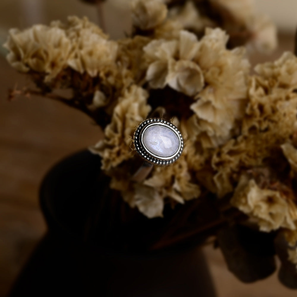 Bague pierre de lune ovale, plaquée argent