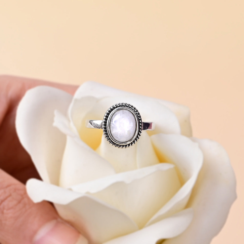 Bague pierre de lune ovale, plaquée argent