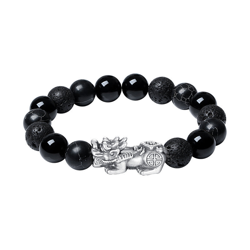 Bracelet obsidienne neige et amulette Pi Xiu