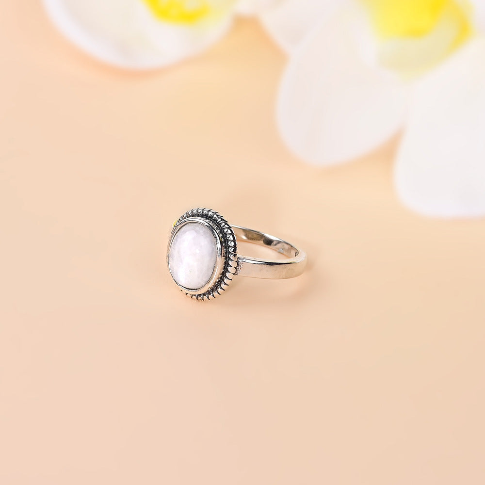 Bague pierre de lune ovale, plaquée argent