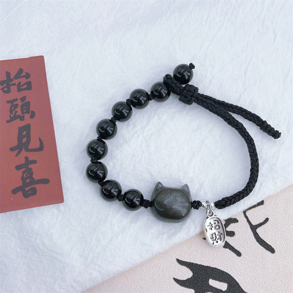 Bracelet obsidienne noire et chat porte-bonheur