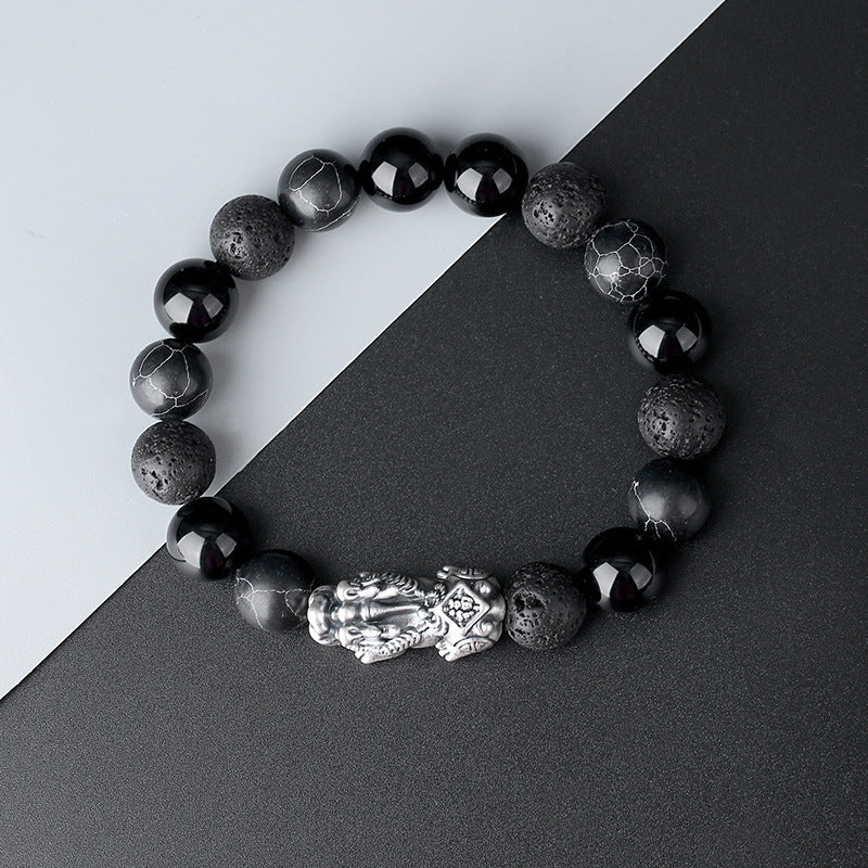 Bracelet obsidienne neige et amulette Pi Xiu