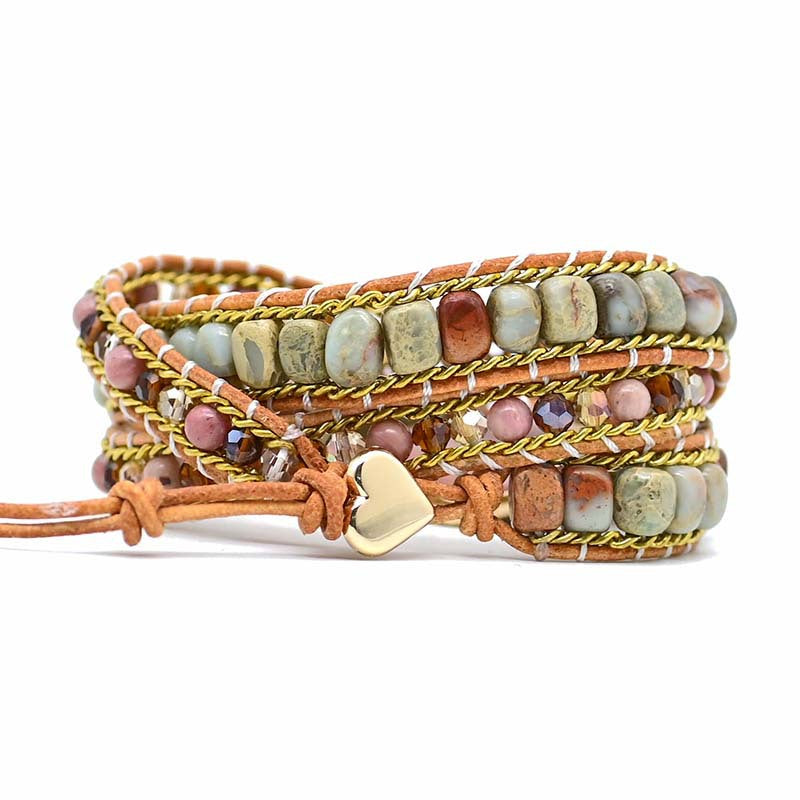 Bracelet quartz rose trois rangs, pendentif coeur