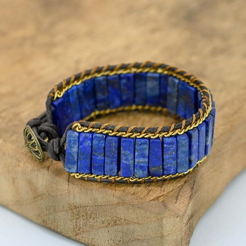 Bracelet lapis lazuli et cuir tressé long
