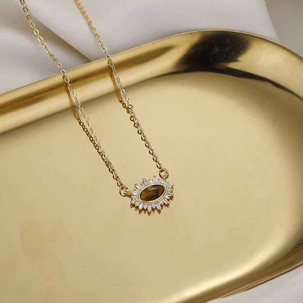 Collier oeil de tigre et ambre, chaîne 45 cm