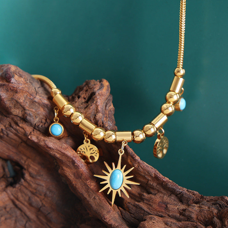 Bracelet turquoise et collier, pendentif soleil