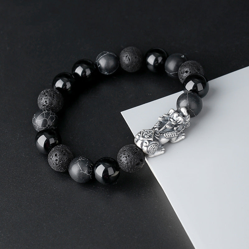 Bracelet obsidienne neige et amulette Pi Xiu