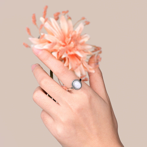 Bague pierre de lune ovale, plaquée argent