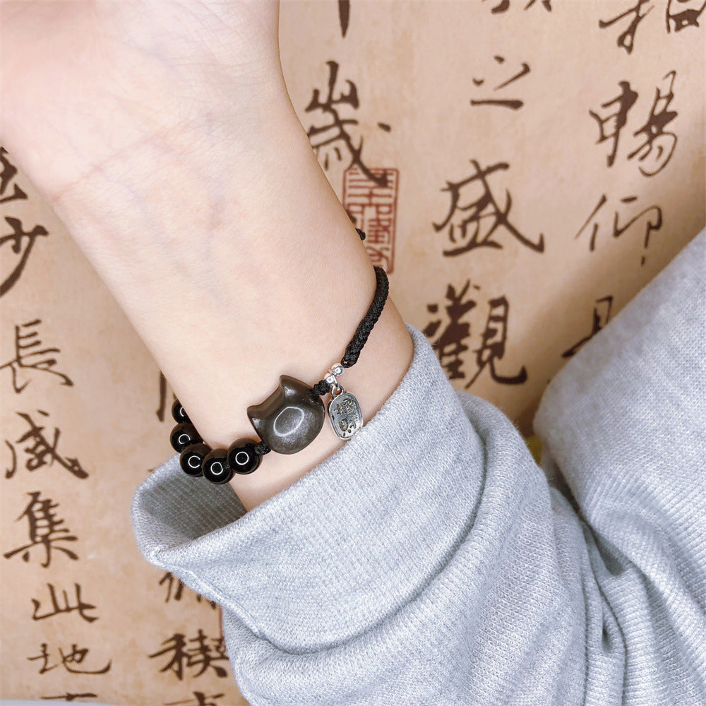 Bracelet obsidienne noire et chat porte-bonheur