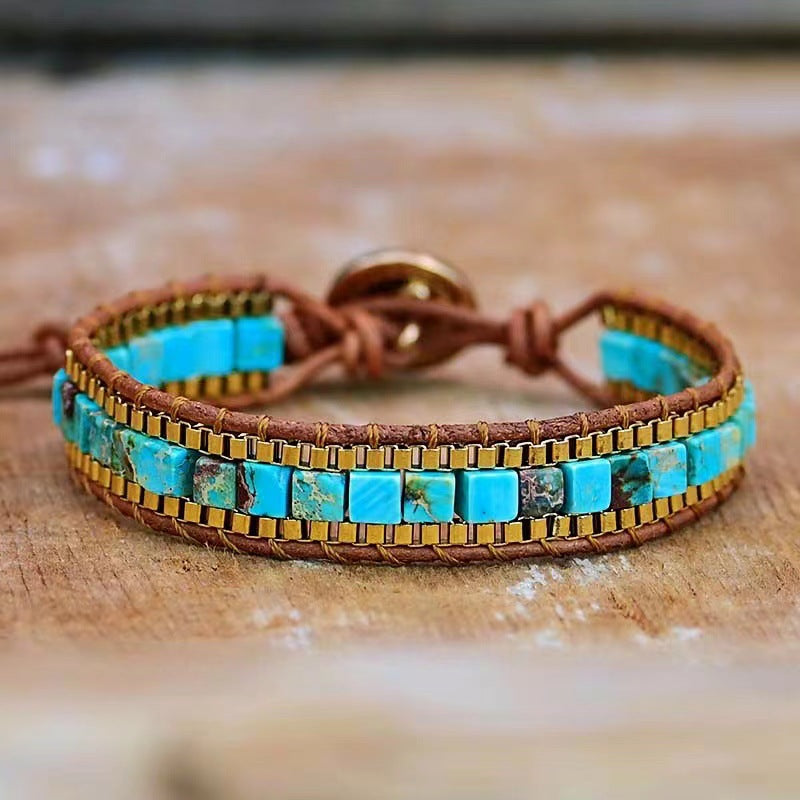 Bracelet turquoise carré en cuir tressé