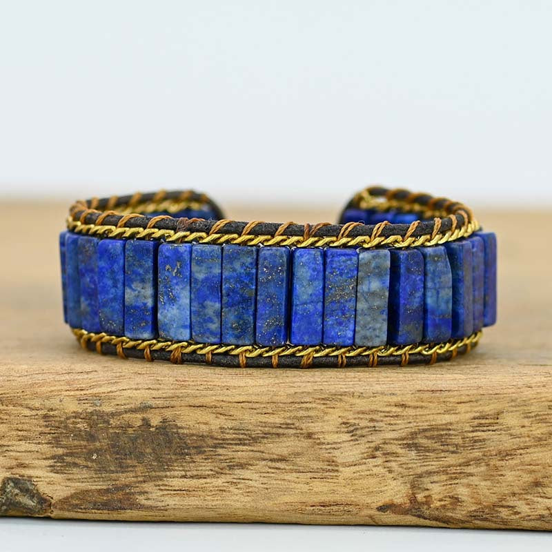 Bracelet lapis lazuli et cuir tressé long