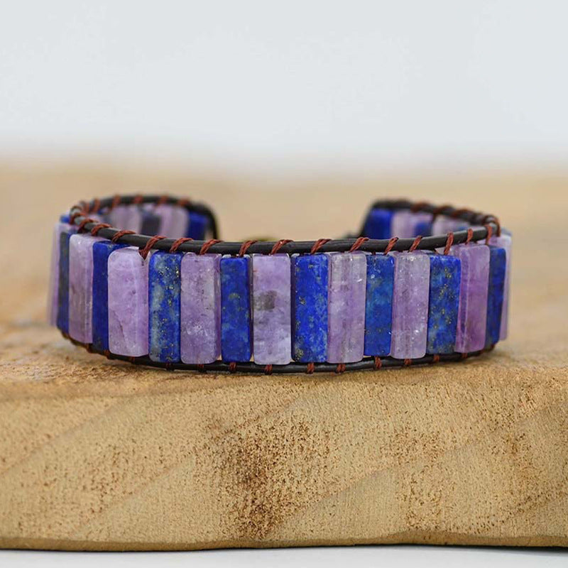 Bracelet améthyste et lapis lazuli en cuir tressé