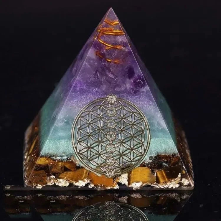 Orgonite pyramide oeil de tigre et améthyste