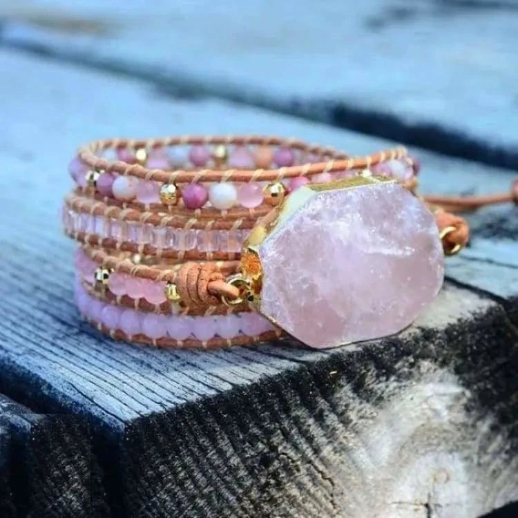 Bracelet quartz rose en cuir tressé