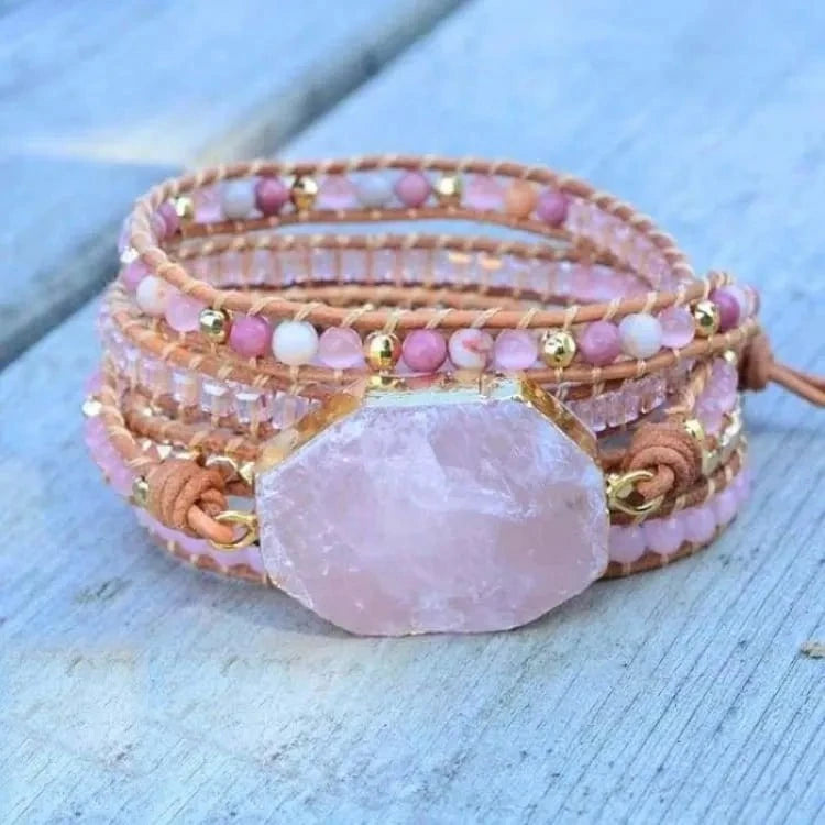 Bracelet quartz rose en cuir tressé