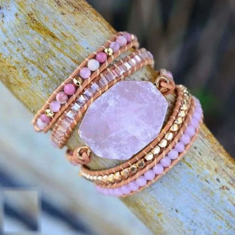Bracelet quartz rose en cuir tressé