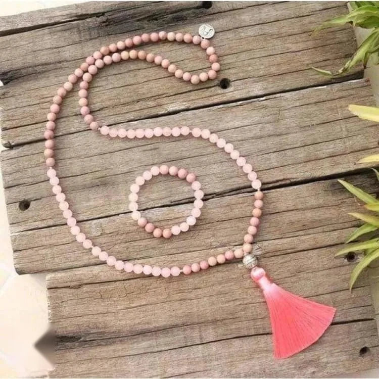 Collier quartz rose et rhodochrosite, mala 108 perles