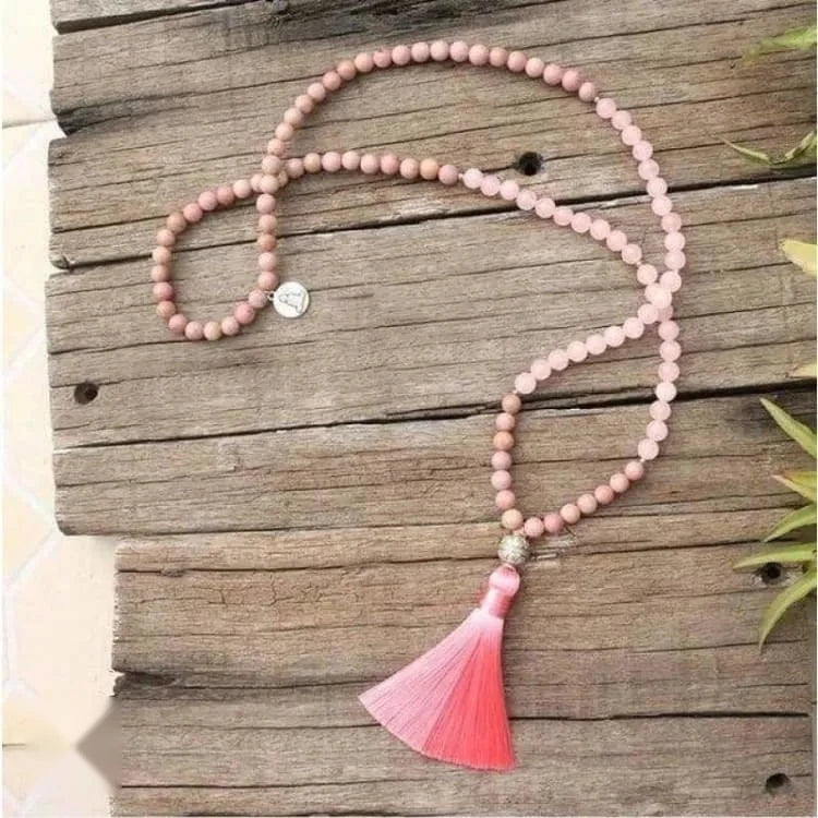 Collier quartz rose et rhodochrosite, mala 108 perles
