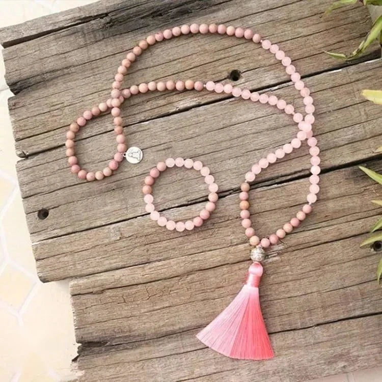 Collier quartz rose et rhodochrosite, mala 108 perles