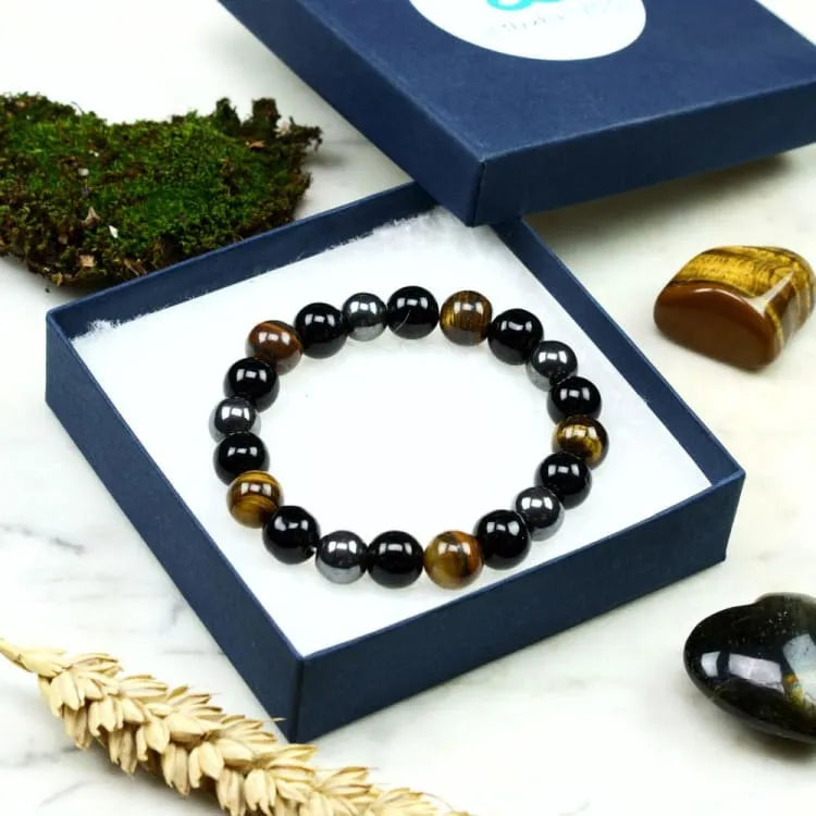 Bracelet oeil de tigre, obsidienne et hématite