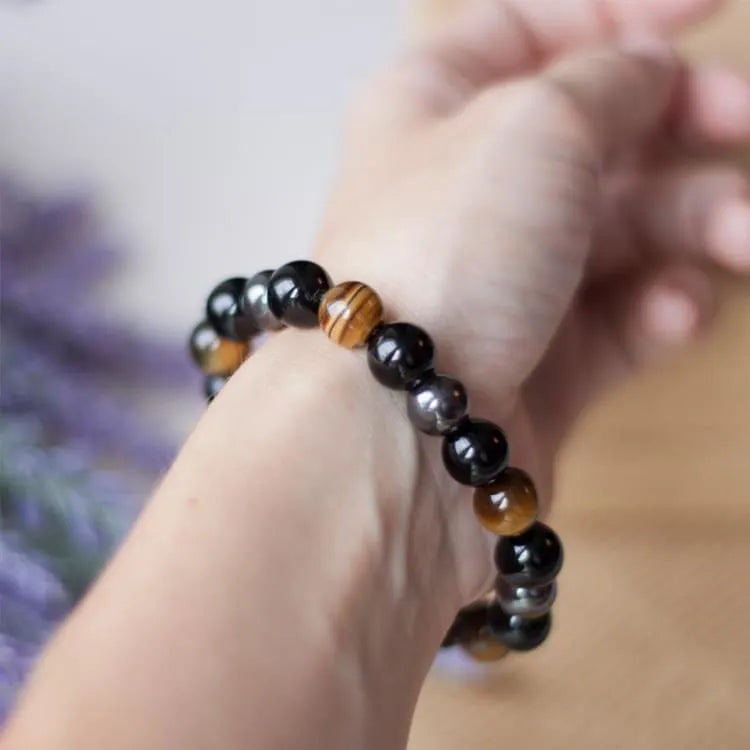 Bracelet oeil de tigre, obsidienne et hématite