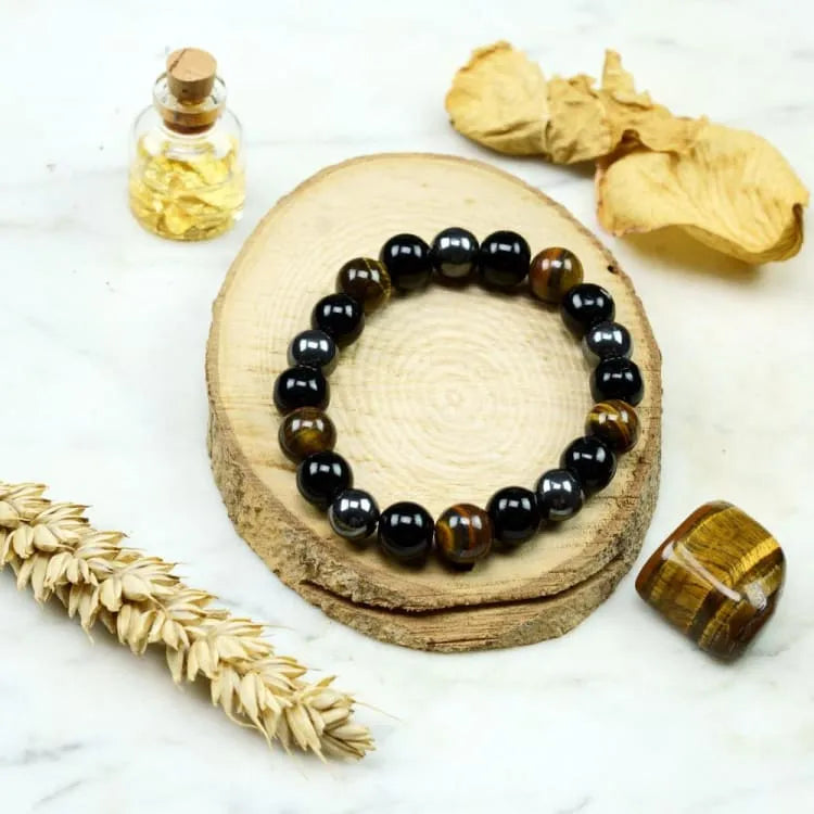 Bracelet oeil de tigre, obsidienne et hématite