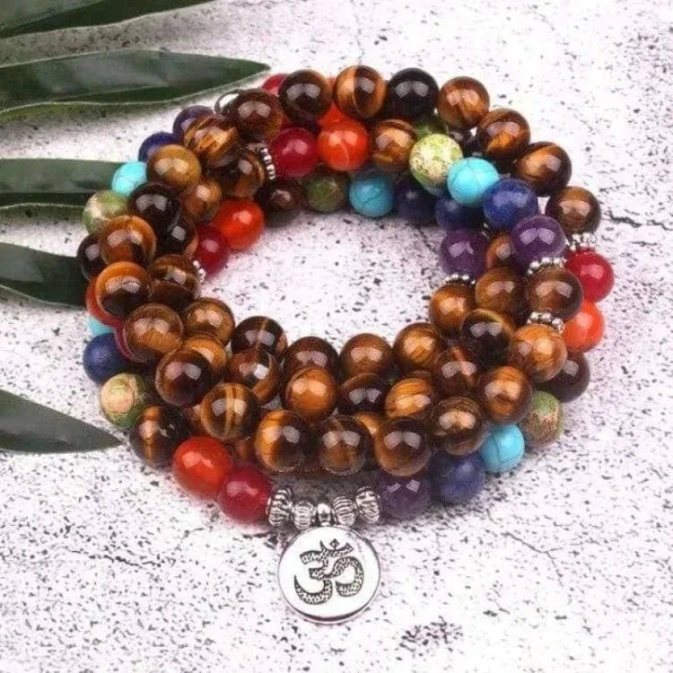 Bracelet 7 chakras mala en oeil de tigre