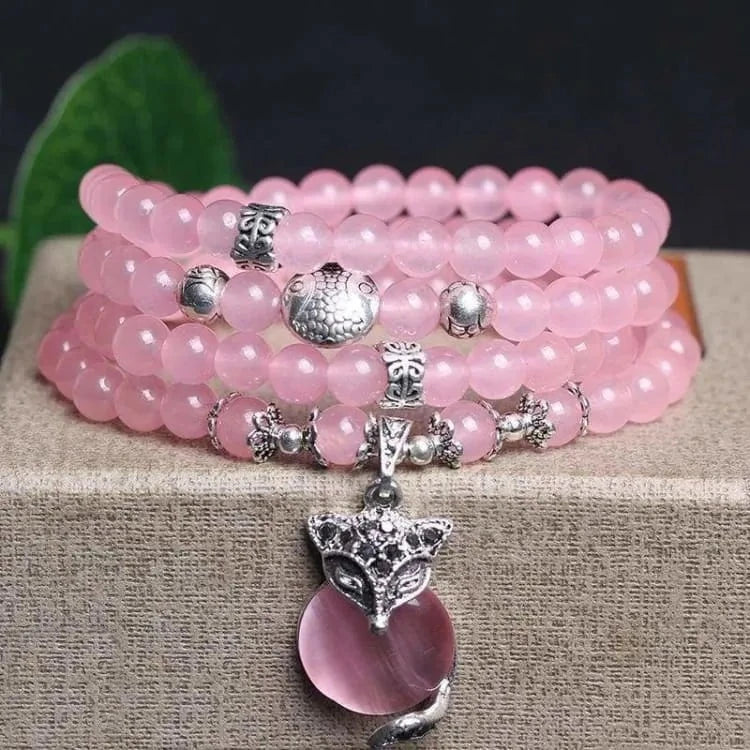 Bracelet mala quartz rose et pendentif tibétain