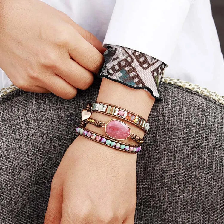 Bracelet quartz rose multicouche bohème