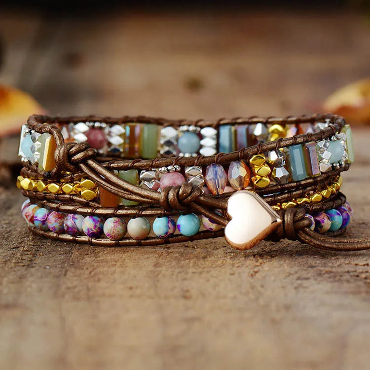Bracelet quartz rose multicouche bohème