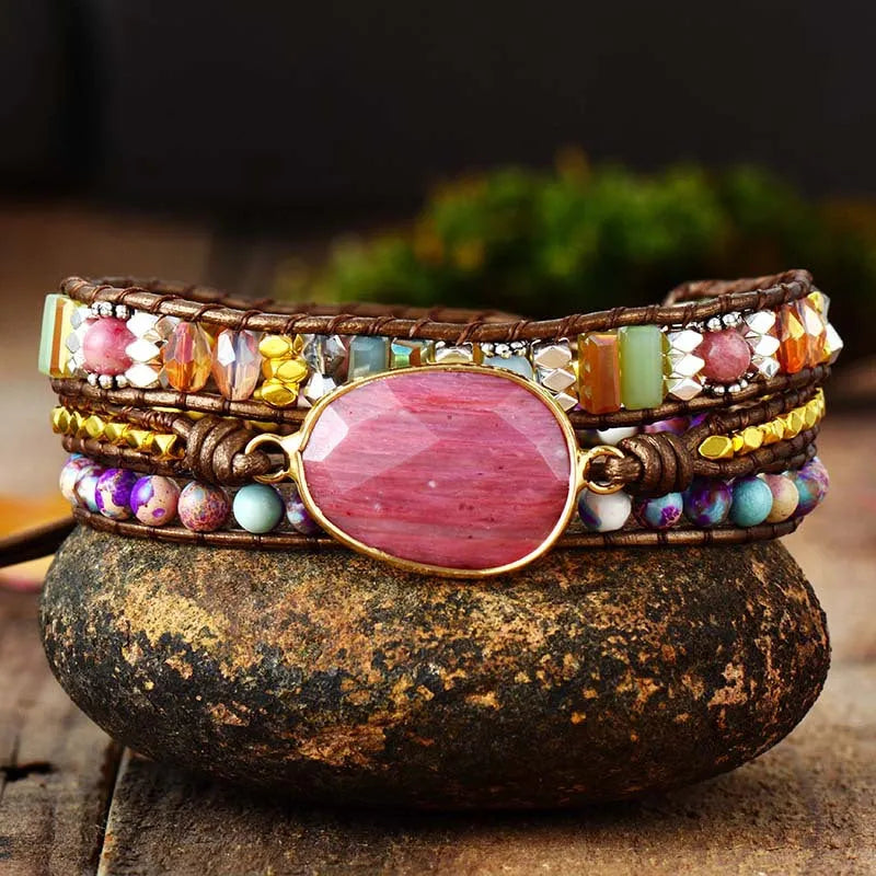 Bracelet quartz rose multicouche bohème