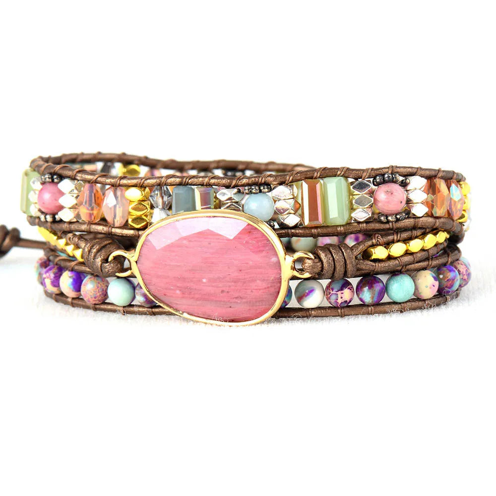 Bracelet quartz rose multicouche bohème