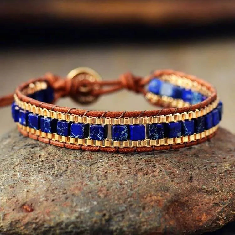 Bracelet lapis-lazuli et chaîne dorée