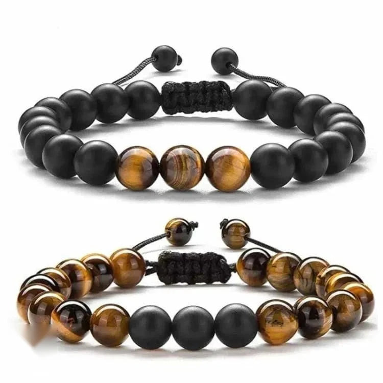 Bracelet oeil de tigre et obsidienne ajustable