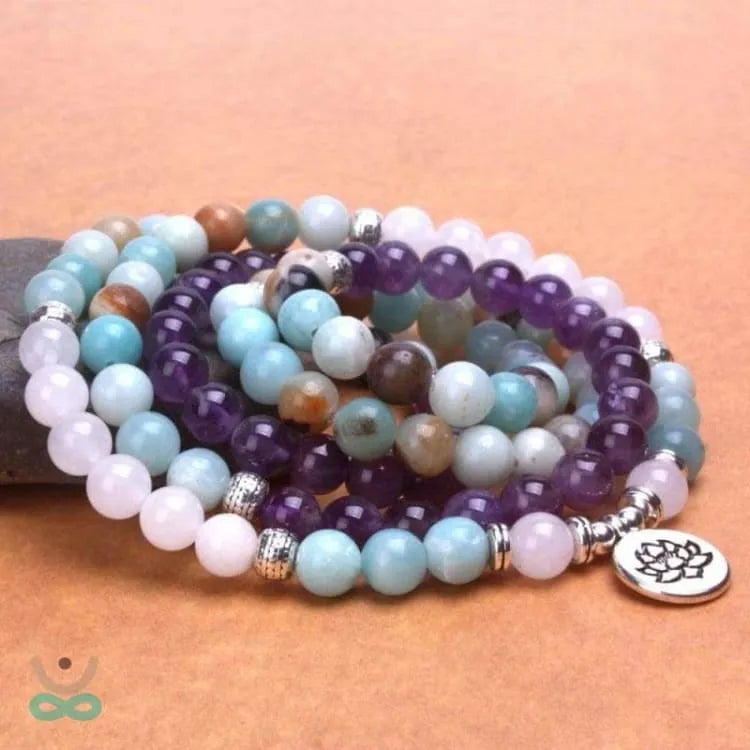 Mala tibétain quartz rose, améthyste et amazonite