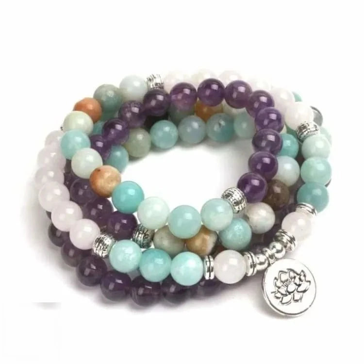 Mala tibétain quartz rose, améthyste et amazonite