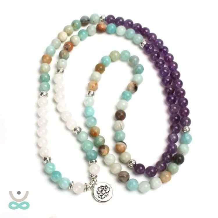Mala tibétain quartz rose, améthyste et amazonite