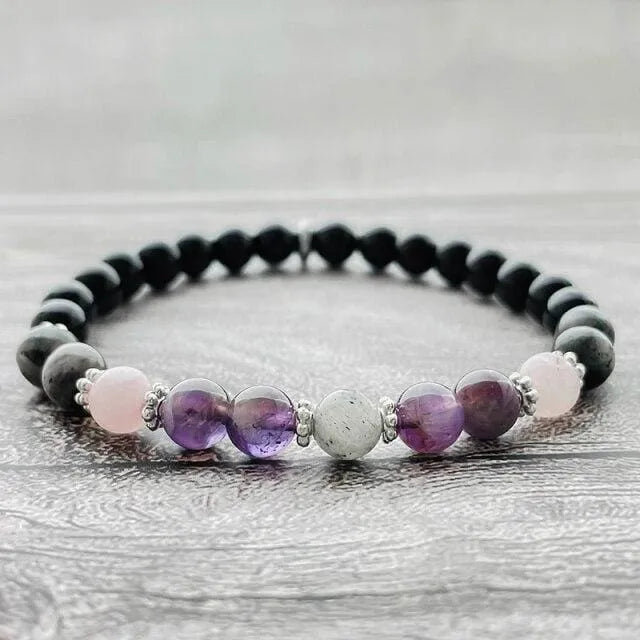Bracelet quartz rose, améthyste et obsidienne