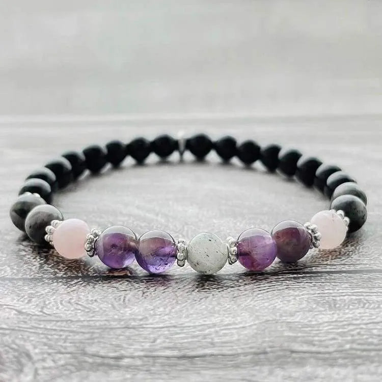 Bracelet quartz rose, améthyste et obsidienne