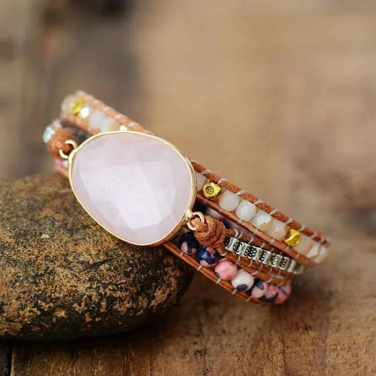 Bracelet quartz rose enveloppant, perles cristal
