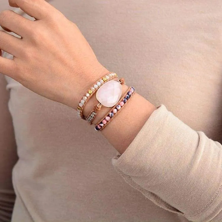 Bracelet quartz rose enveloppant, perles cristal