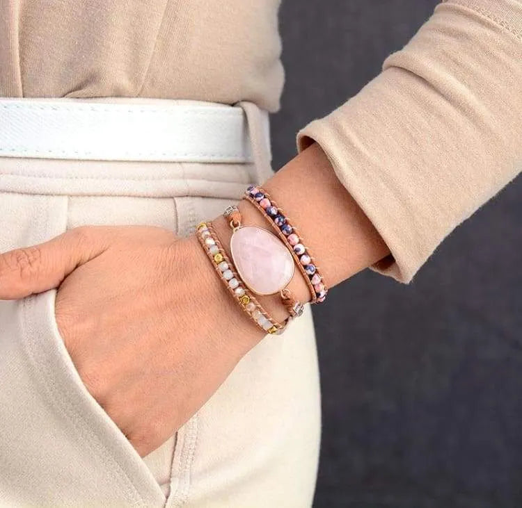 Bracelet quartz rose enveloppant, perles cristal